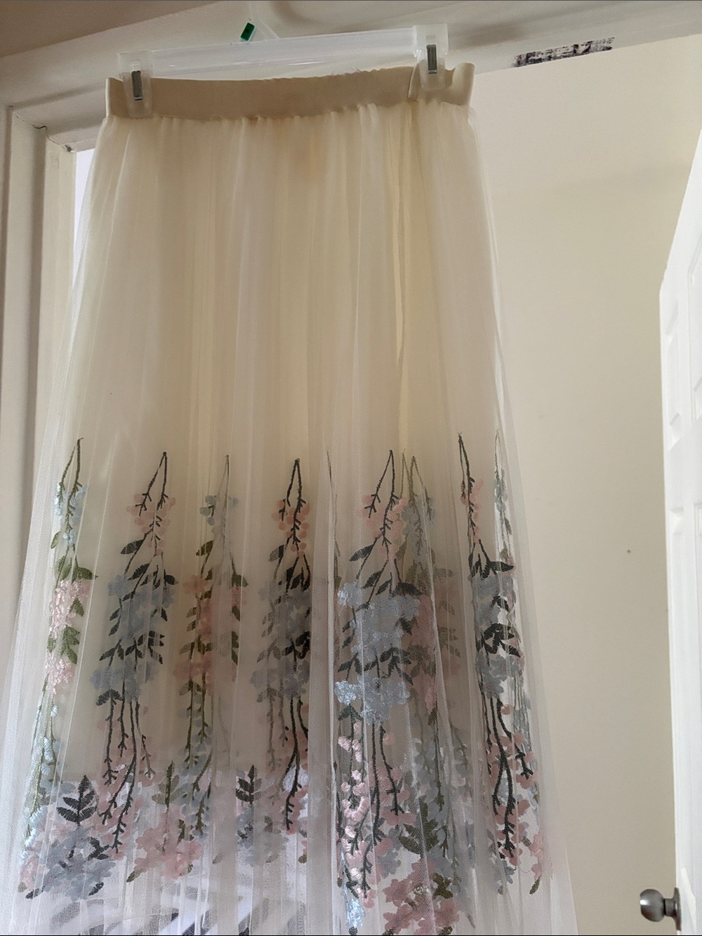 Sheer Cream Tulle Maxi Skirt with Floral Embroidery